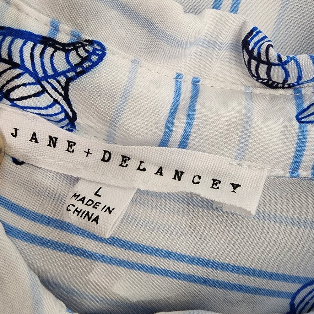 Jane And Delancey Shirt Blue Button Short Cuffed Sleeve Seashell Stripes Large - Picture 7 of 9